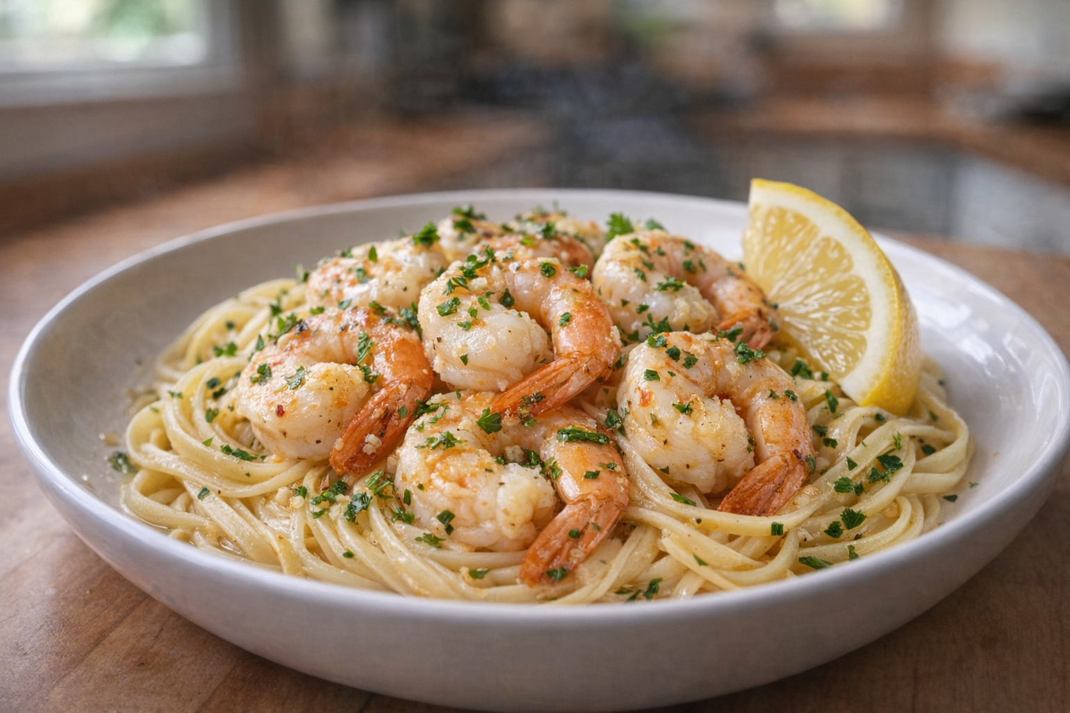 A beautifully plated dish of air fryer shrimp scampi served over linguine, garnished with fresh parsley and a lemon wedge, soft natural lighting
